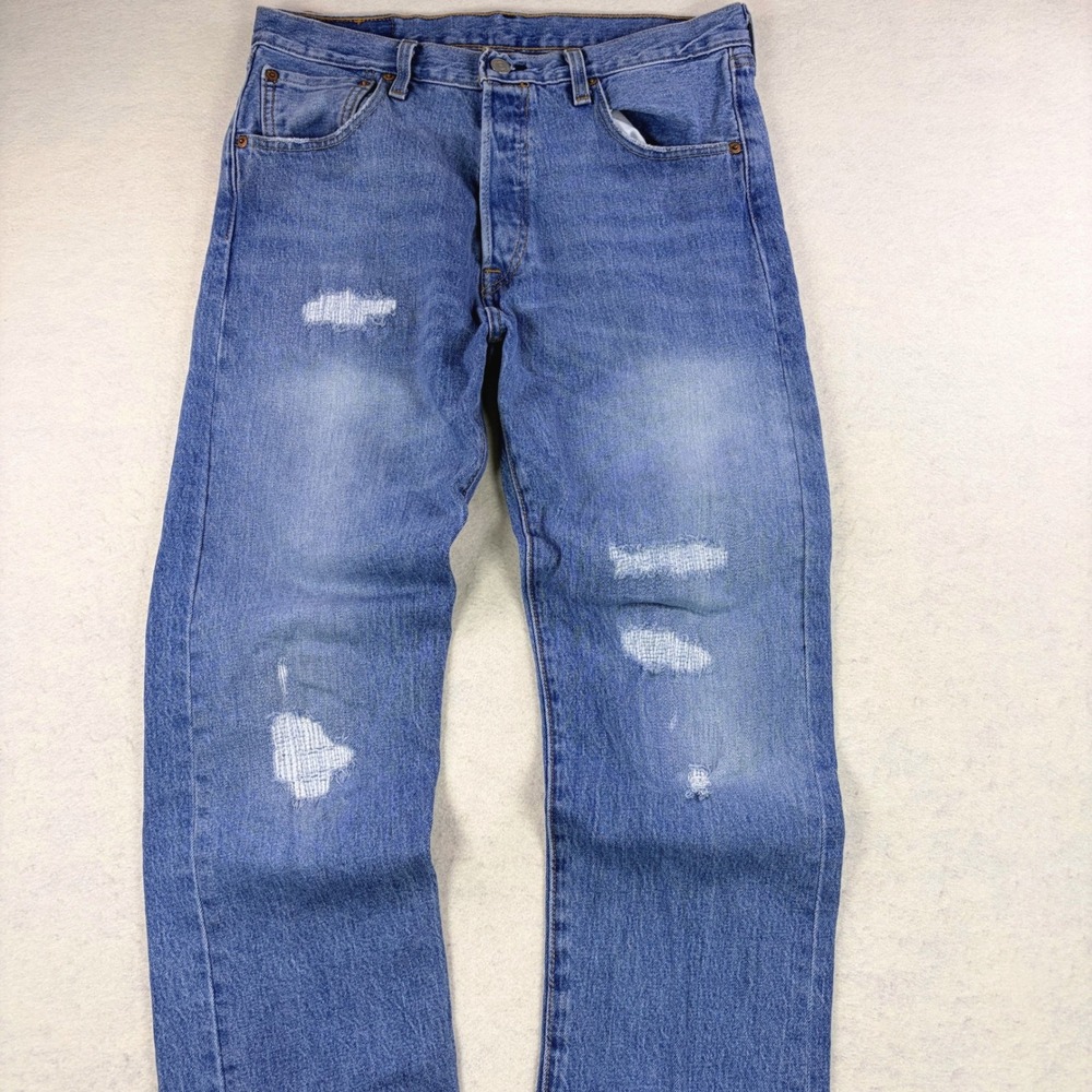 Levis 501 93 Straight Leg Jeans Mens W31 L34 Blue Distressed 79830-0149 - Picture 2 of 10
